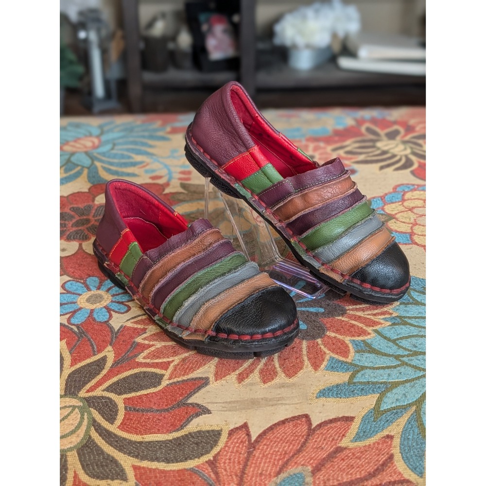Women's Multicolor Leather Patchwork Slip On Loafers Comfort Shoes 7.5 Handmade